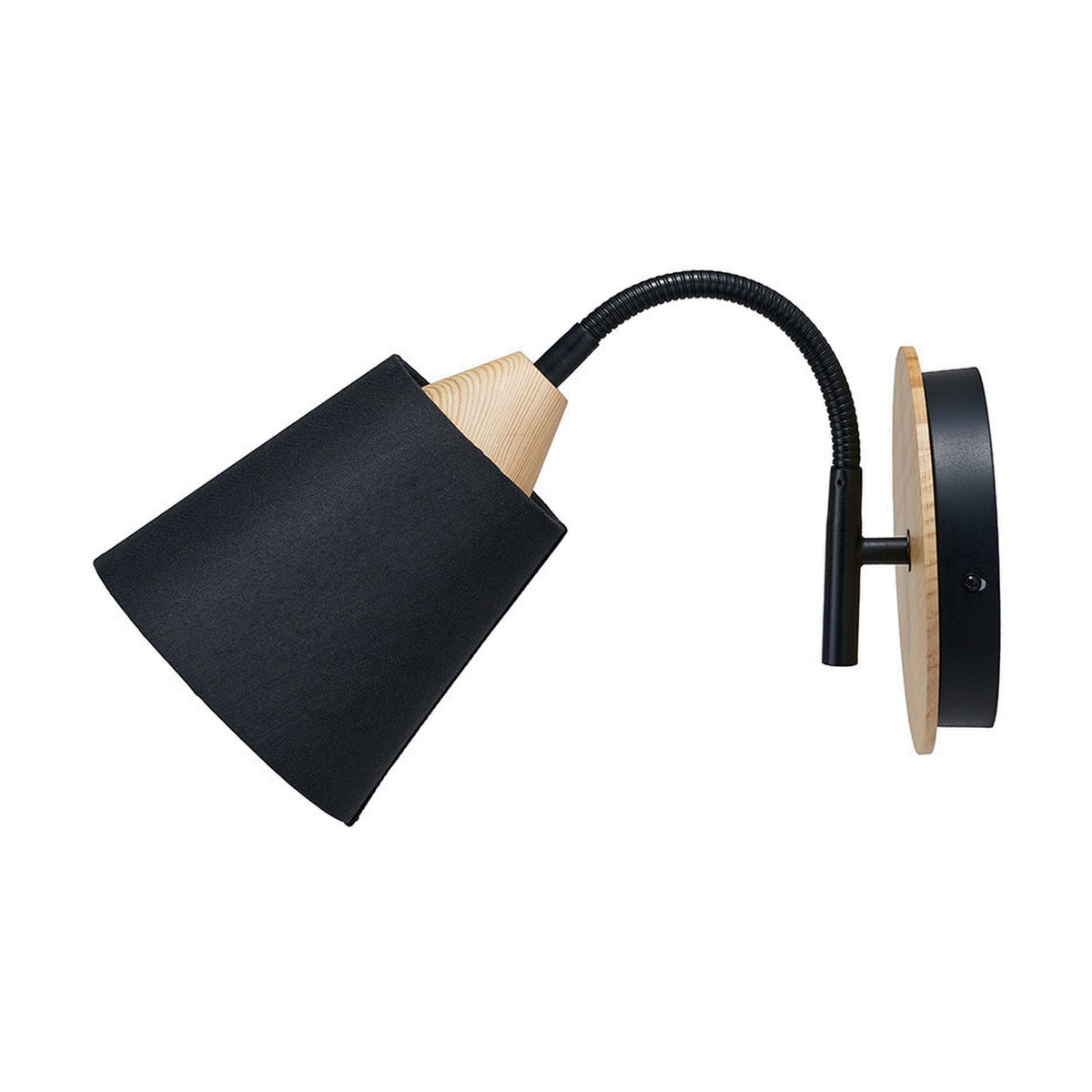 Juna Black Metal & Wood Wall Light with a black fabric cone shade, wooden accents, and a flexible gooseneck arm mounted on a round wood and black backplate, shown on a plain white background.