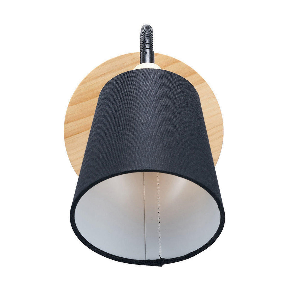 Juna Black Metal & Wood Wall Light with round wooden backplate, black gooseneck arm and tapered black fabric shade on a plain white background.