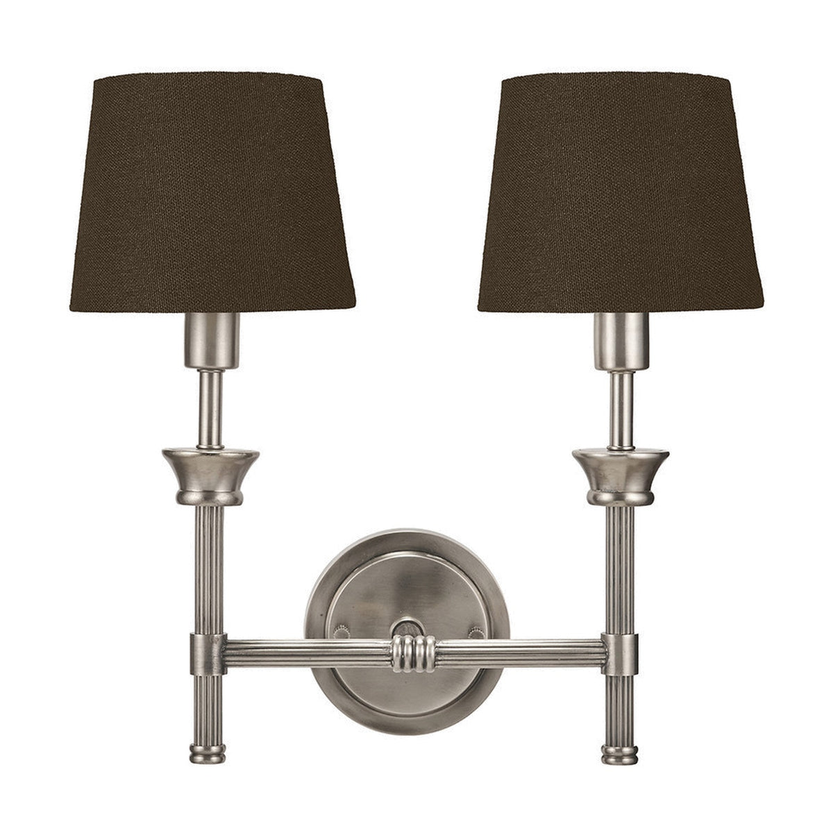 Salvatore double wall light in antique silver metal with two tapered brown fabric shades on ribbed arms, shown against a plain white background.