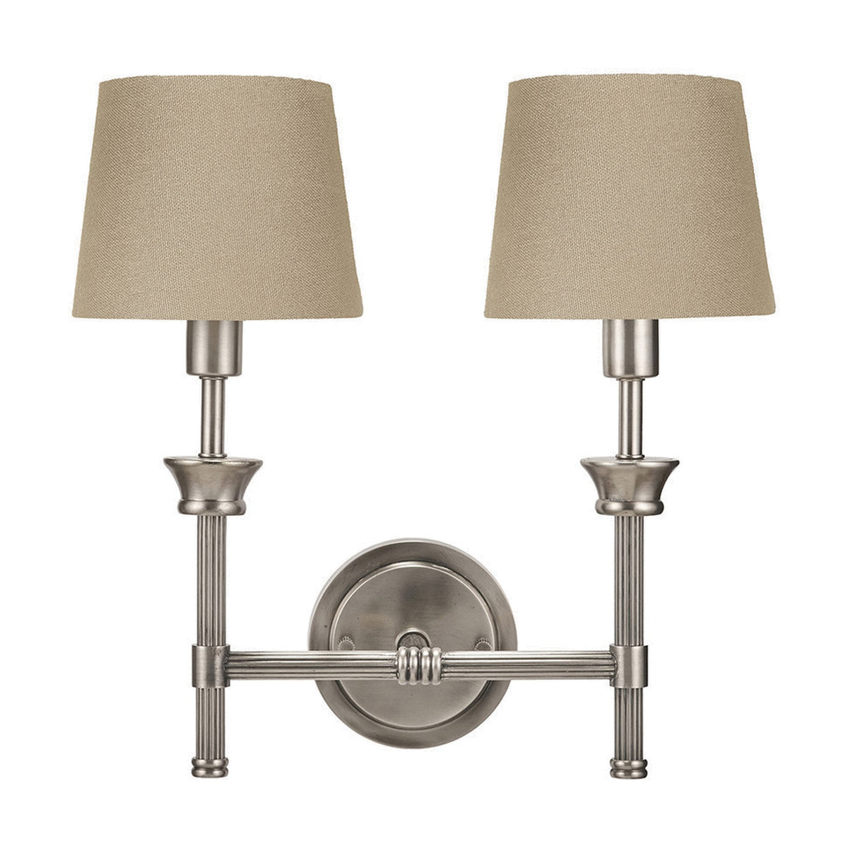 Salvatore double wall light in antique silver metal with reeded columns and two taupe fabric tapered shades, shown against a plain white background.