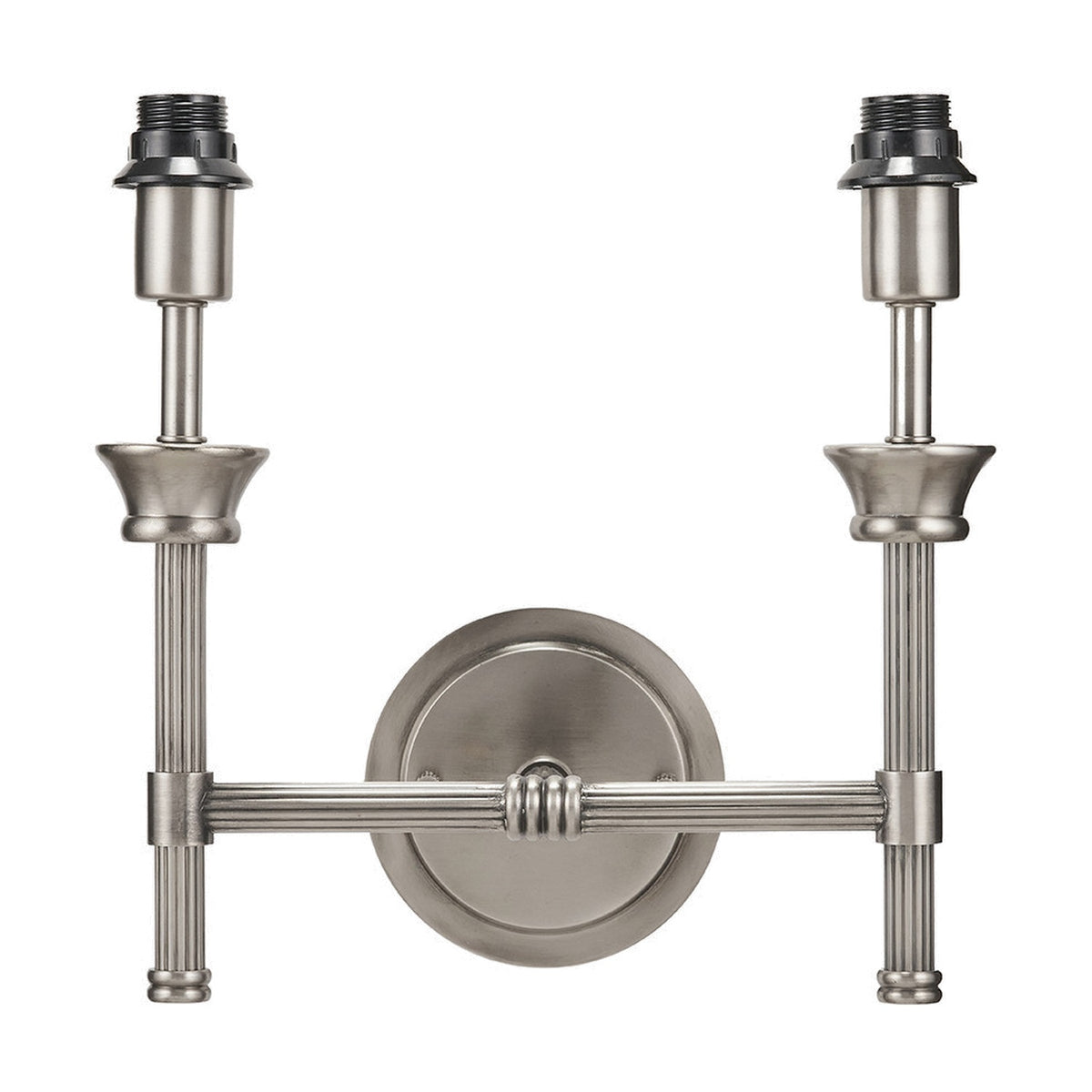 Salvatore double wall light in antique silver metal with reeded columns and a round backplate, shown without shades on a plain white background.