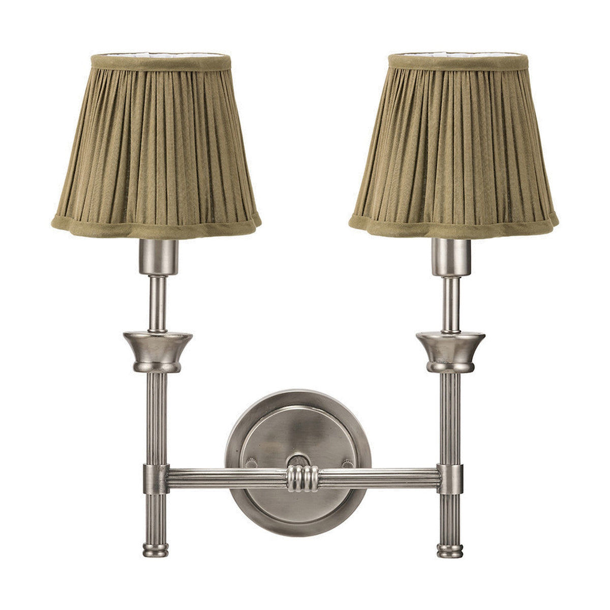 Salvatore double wall light in antique silver metal with two pleated olive fabric shades, twin arms on a round wall backplate, shown on a plain white background.