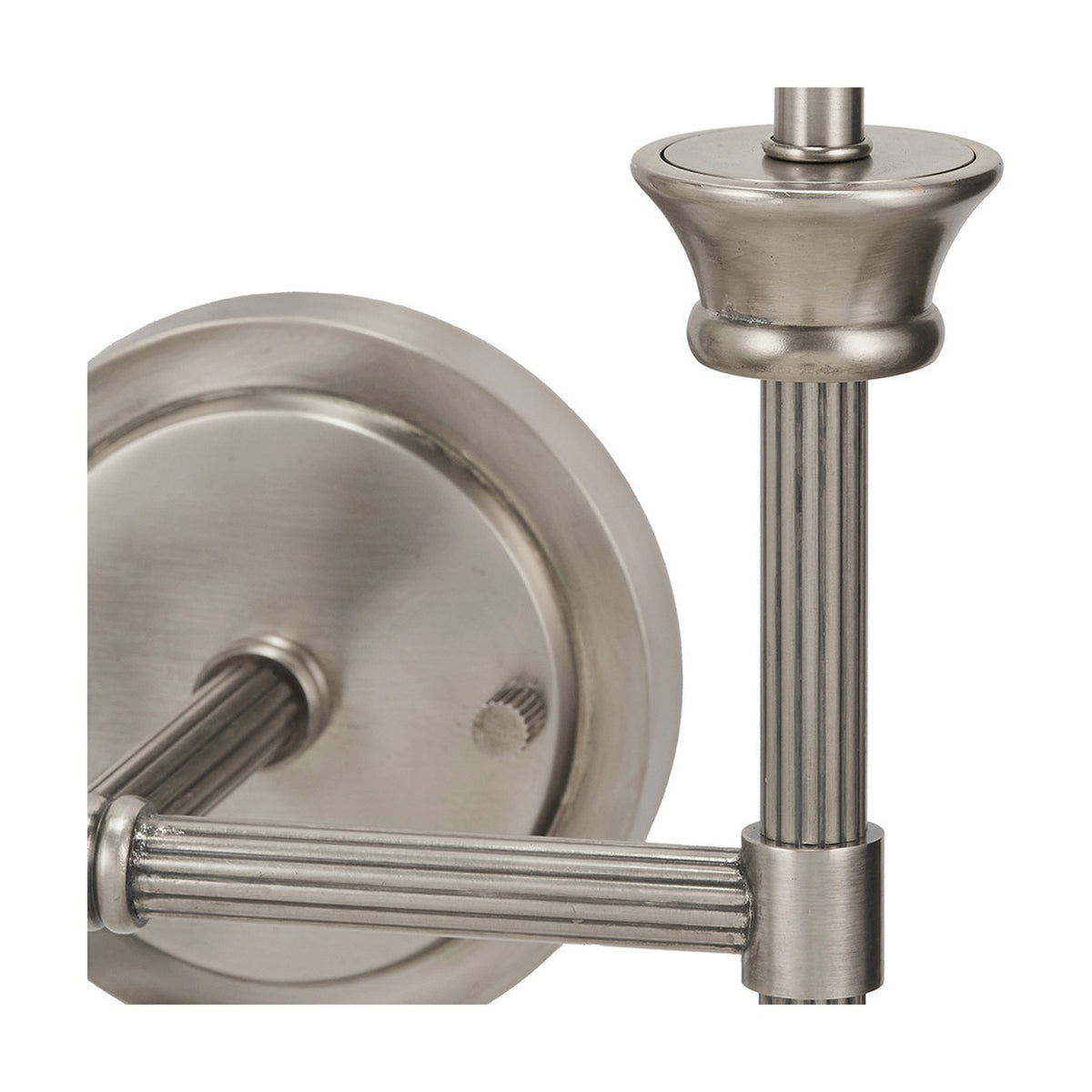 Close-up of the Salvatore double wall light in antique silver metal, showing the reeded arms, round wall mount, and finial detail against a plain white background.