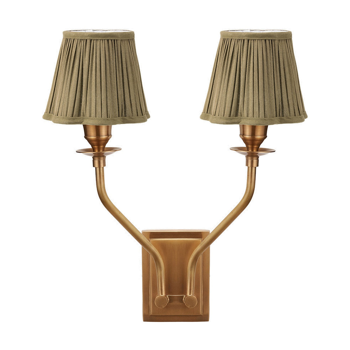 Tatiana antique brass double wall light with two upward-curving arms and pleated olive green fabric shades, shown against a plain white background.