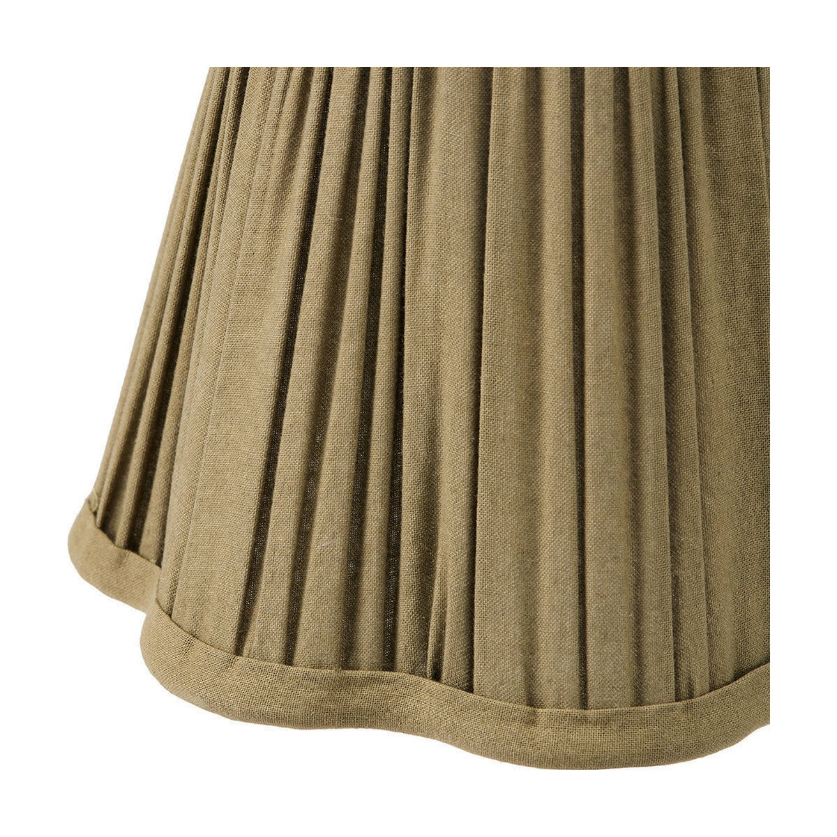 Close-up of a pleated olive green fabric lamp shade edge from the Tatiana Antique Brass Double Wall Light, showing fine pleat texture and rolled hem detail.