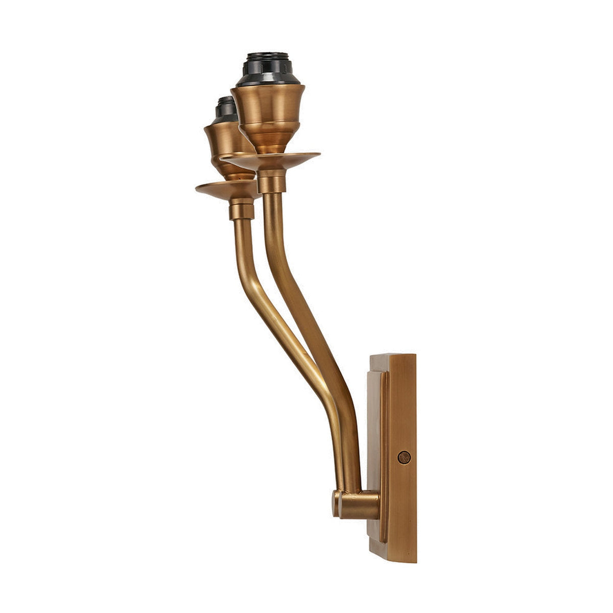 Tatiana Antique Brass Double Wall Light, 30cm, with two upward-curving arms, tulip-shaped drip pans, and black bulb holders, shown on a plain white background.