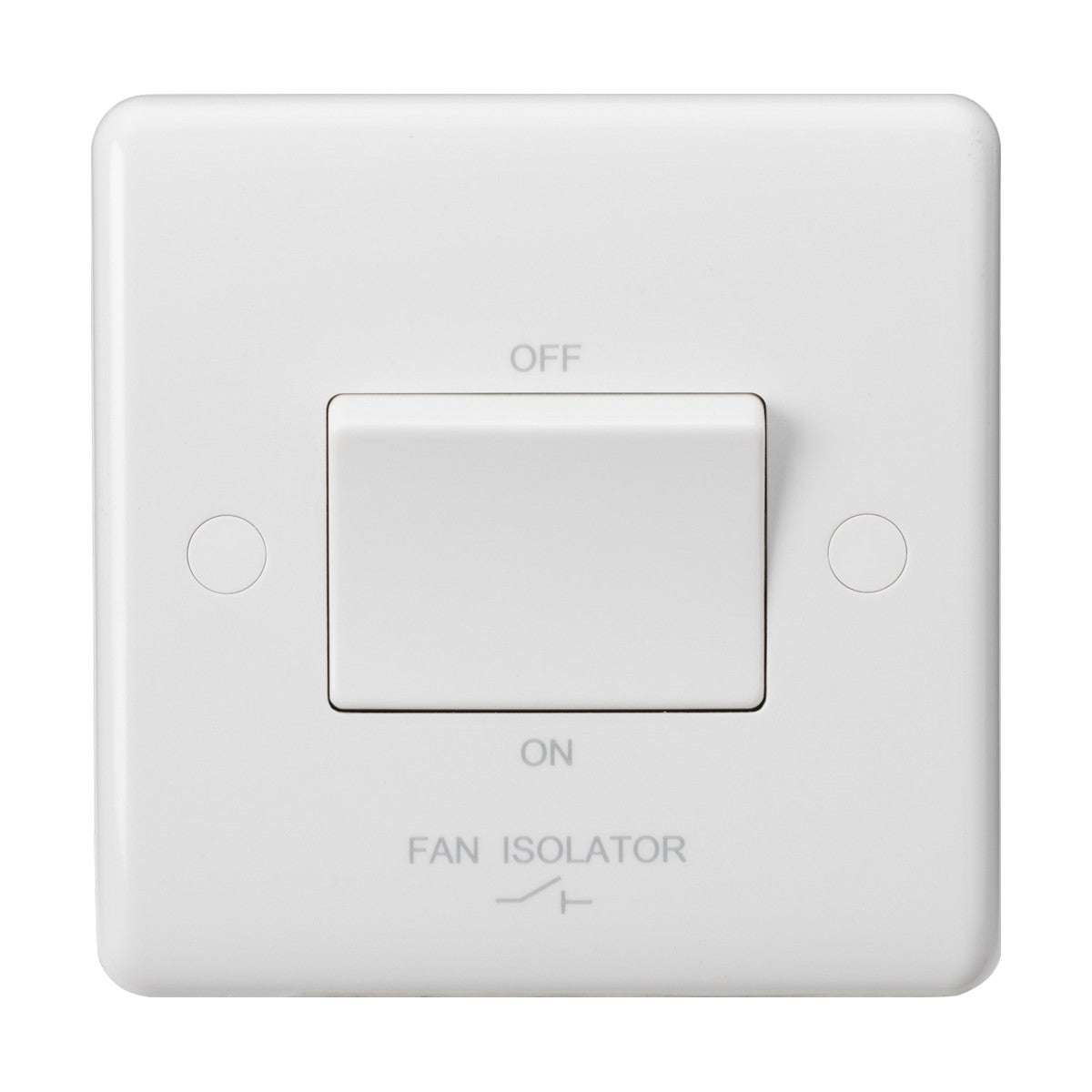 The 10AX Fan Isolator Switch in white, with a rounded edge, features a central toggle and is clearly labeled OFF at the top and ON at the bottom. FAN ISOLATOR is printed below, combining modern style with functionality for contemporary spaces.