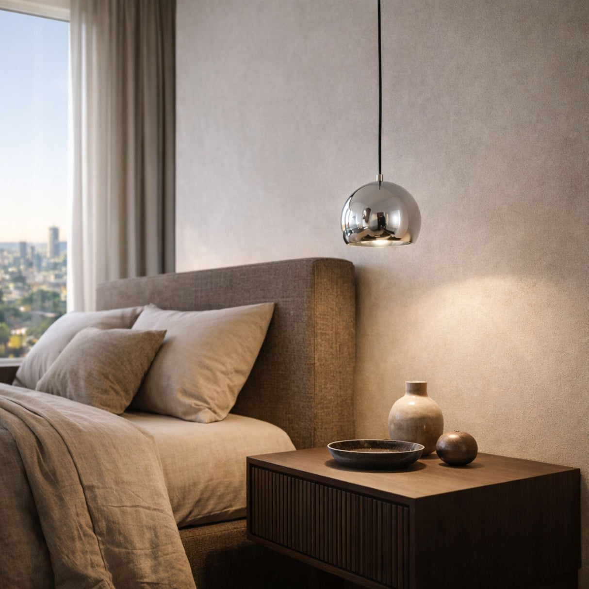 A modern bedroom features a brown upholstered bed, neutral bedding, a wooden nightstand with vases and a bowl, and the Grand Ball Glass Pendant 25cm - Silver. Sunlight streams through a large window overlooking the city.