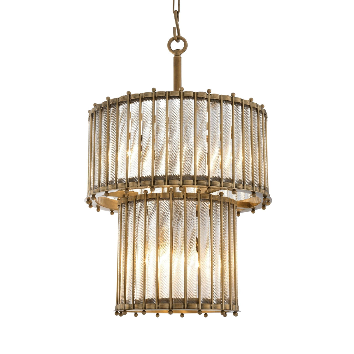 The Helixora 10 Light Layered Twist Chandelier in brushed bronze features two tiers of vertical rods encasing ribbed glass panels, emitting warm light and suspended elegantly by a chain.