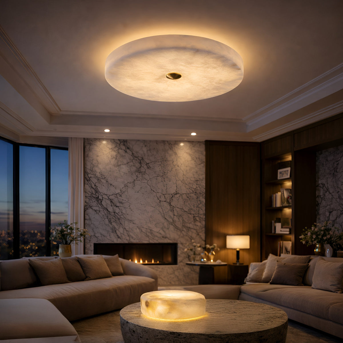 A modern living room with marble walls, beige sofas, a fireplace, bookshelves, large windows showing a cityscape at dusk, and an Aleron LED Extra Small Round Alabaster Flush Ceiling Light in Soft White & Brushed Brass.