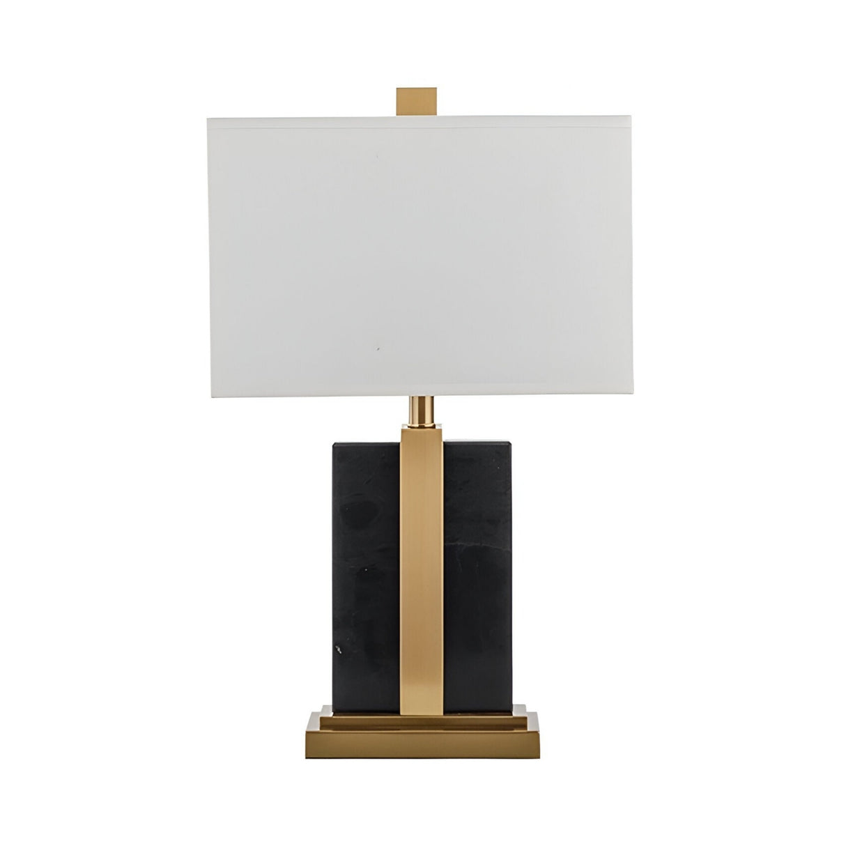 The Elvaris 1 Light Framed Marble Table Lamp features a modern design with a rectangular white shade, brass base and accent, and a black framed marble body.