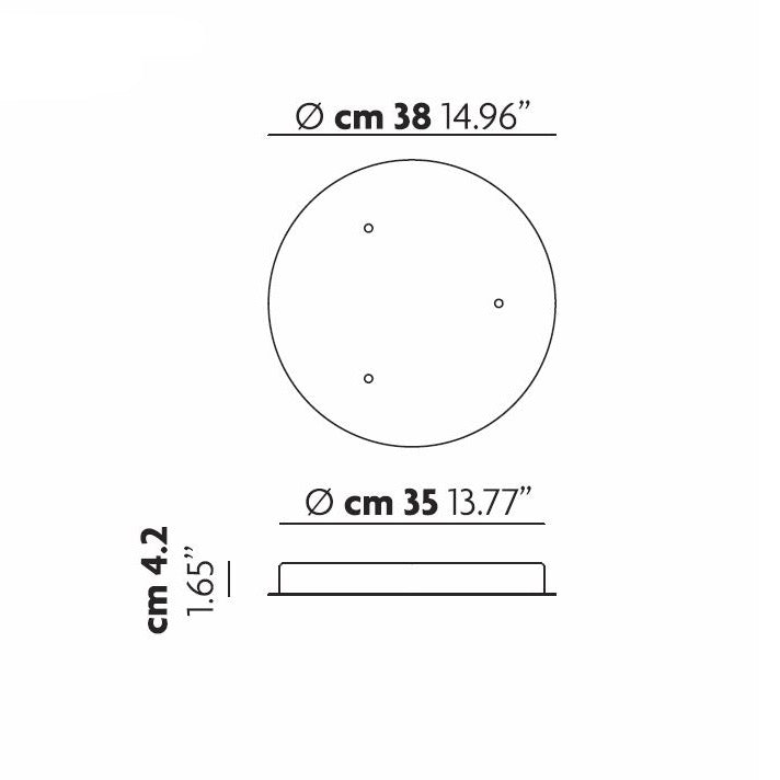 A technical diagram of a round object exudes modern elegance. The top view reveals a circle with a diameter similar to the 38 cm (14.96 inches) Cluster 3 Light Round Canopy - White. The side view displays dimensions of 4.2 cm (1.65 inches) in height and 35 cm (13.77 inches) in diameter, making it ideal for custom lighting arrangements.