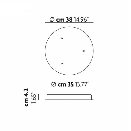 A technical diagram of a round object exudes modern elegance. The top view reveals a circle with a diameter similar to the 38 cm (14.96 inches) Cluster 3 Light Round Canopy - White. The side view displays dimensions of 4.2 cm (1.65 inches) in height and 35 cm (13.77 inches) in diameter, making it ideal for custom lighting arrangements.
