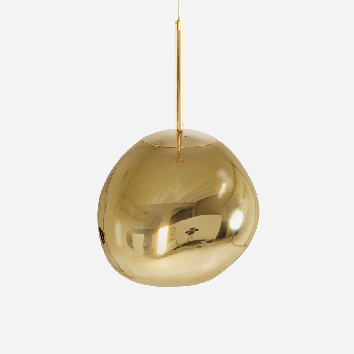 The Lava LED Small Pendant Light - Gold, featuring a shiny, dome-shaped design and reflective gold finish, hangs from a matching rod against a white background, adding compact luxury with its mirror-like surface reflecting the room.