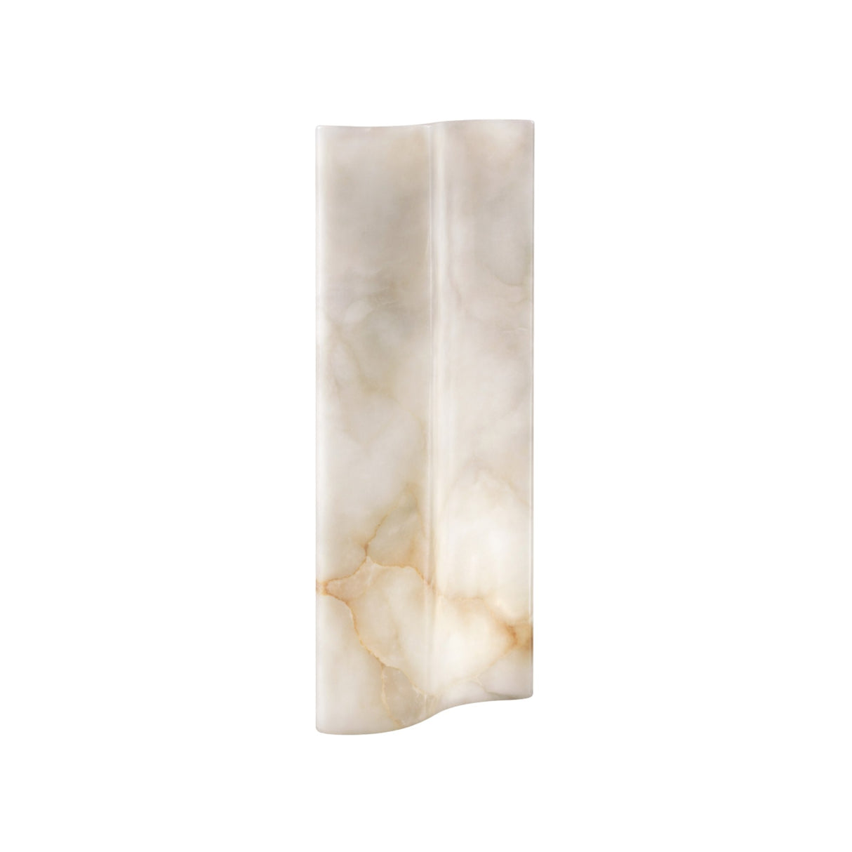 The Virelle LED Curved Panel Alabaster Table Lamp in Soft White features a wavy sculpted Spanish alabaster surface with delicate beige and gold veining, creating a stunning effect against its white background.