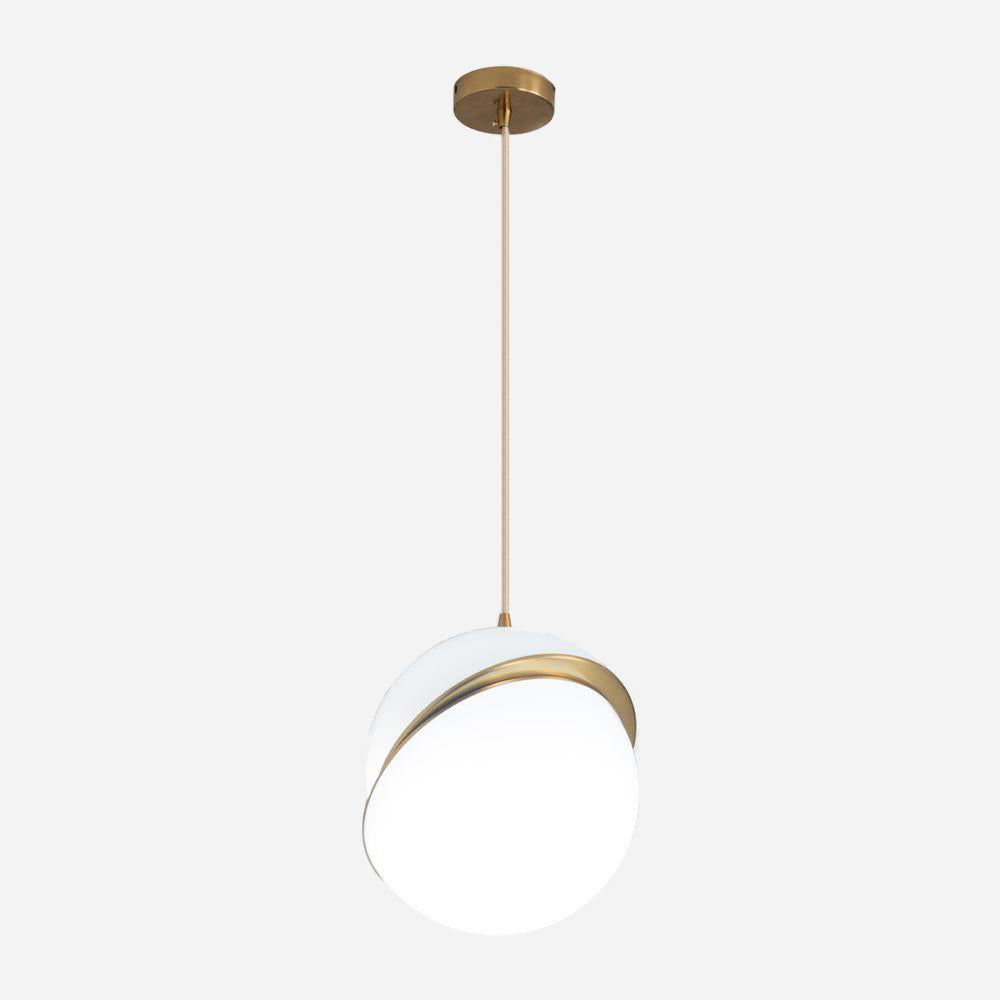 Introducing the Arc Pendant Light - Gold & White, a contemporary lighting fixture featuring a white spherical shade accentuated by a decorative gold band. It elegantly suspends from a brushed brass rod attached to a ceiling mount, effortlessly enhancing modern interiors with its simple yet sophisticated design.