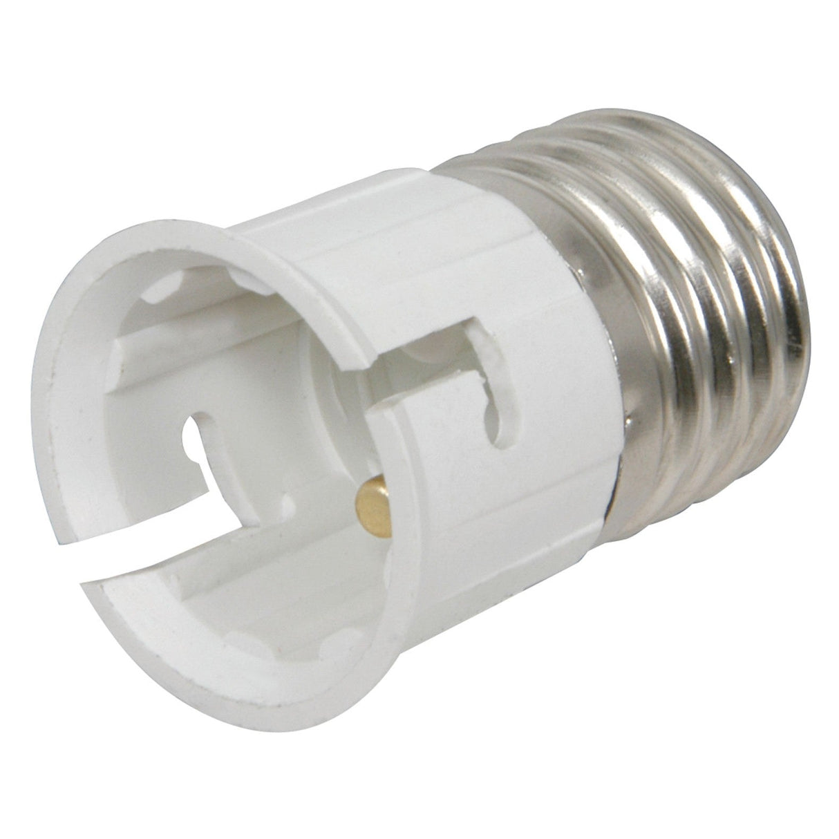 The LYYT Lamp Socket Converter (E27 To B22) is a white plastic adapter with a metal screw base, designed to convert E27 Edison screw fittings to B22 bayonet cap. It features open slots and visible metallic contacts inside.