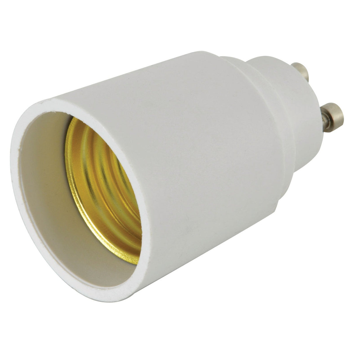 The LYYT Lamp Converter (GU10 To E27) is a white adapter with a gold interior and two metal pins, ideal for converting GU10 fittings to E27 sockets quickly and easily.