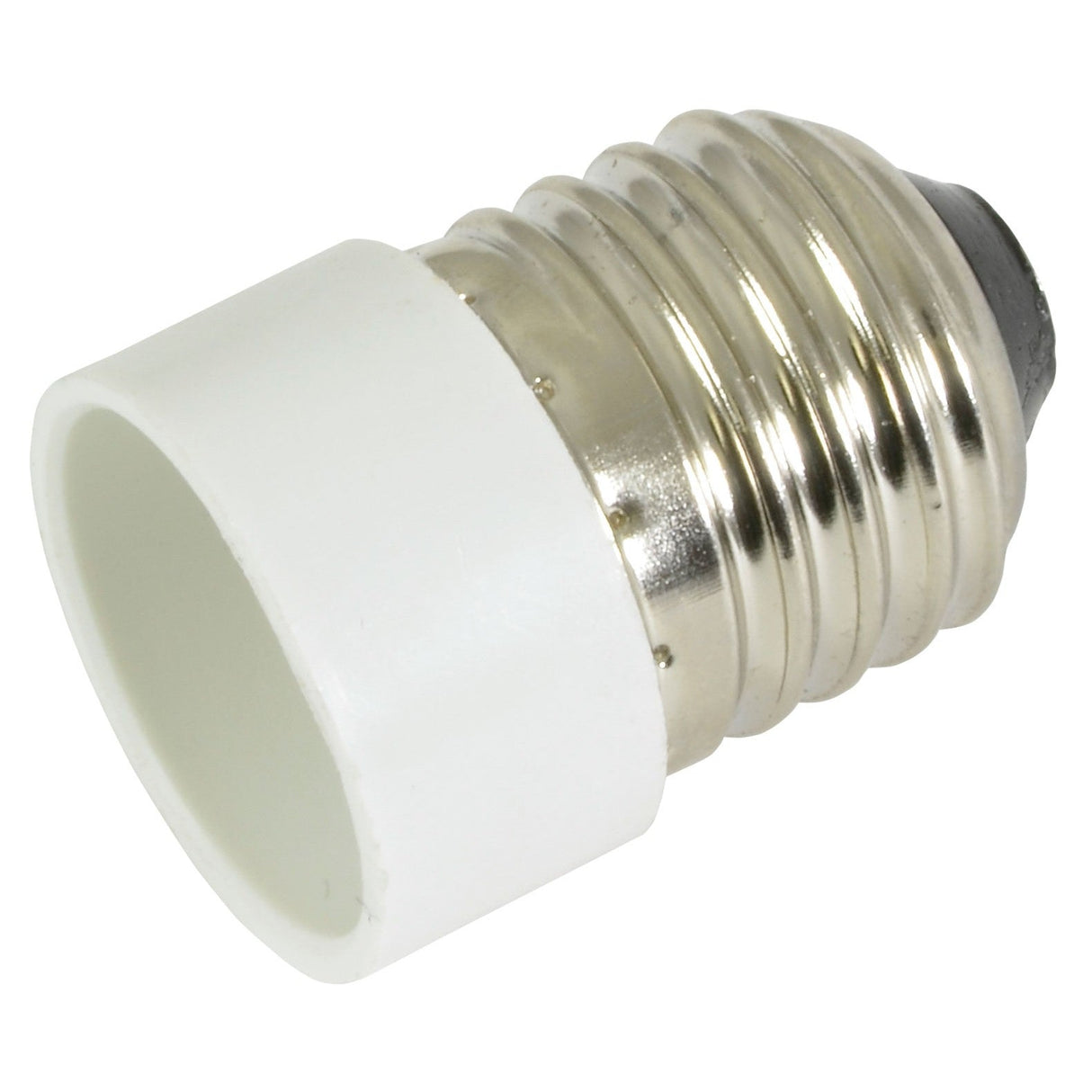 A close-up of the LYYT Lamp Socket Converter (E27 to E14) featuring a white plastic base and metallic Edison screw, compliant with BS EN60238, for fitting bulbs of different sizes.