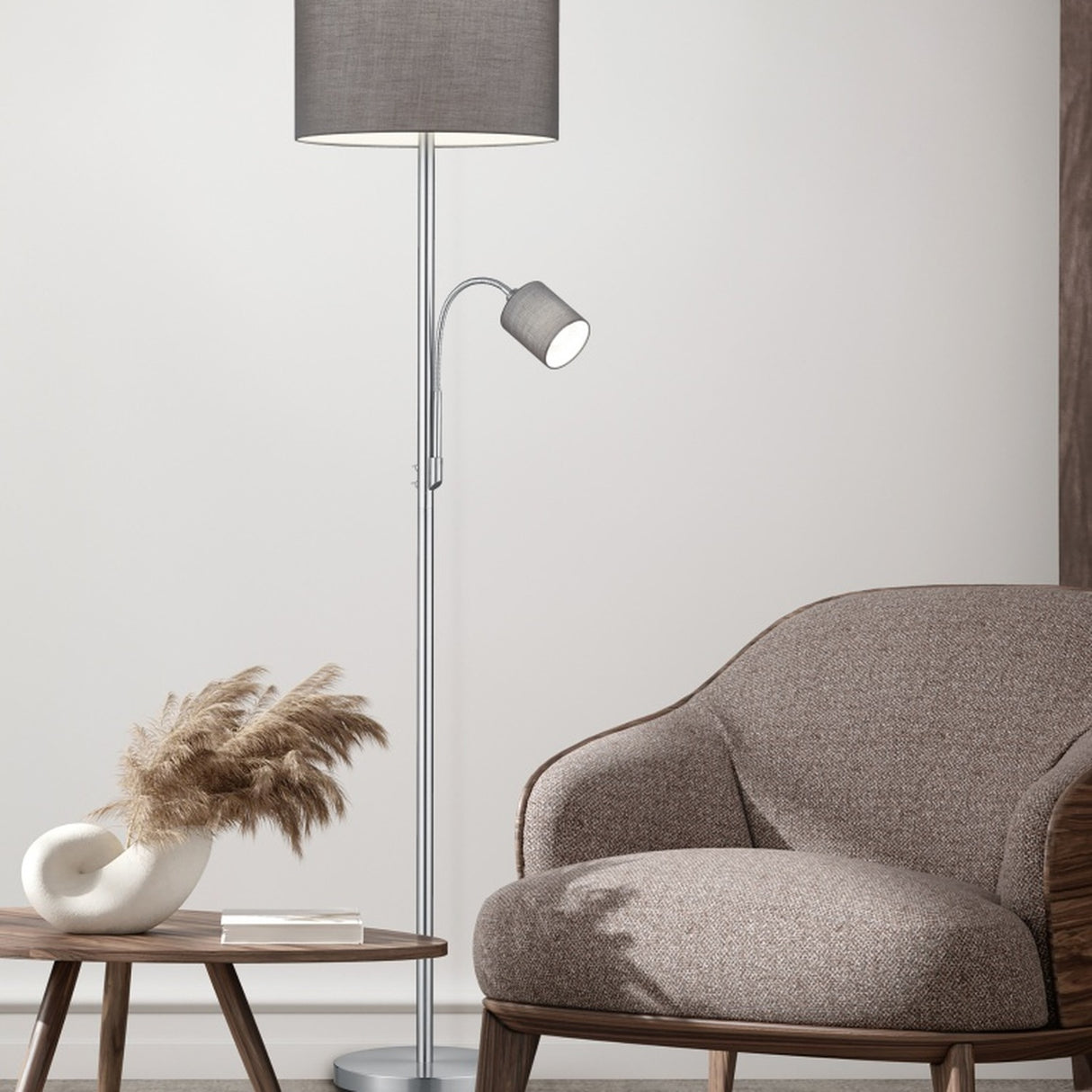 Hotel 2 Light Fabric Round Floor Lamp – Satin Nickel