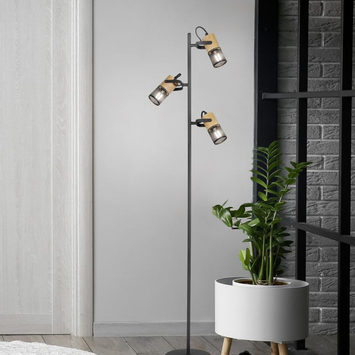 Tosh 3 Light Wooden Floor Lamp – Matt Black
