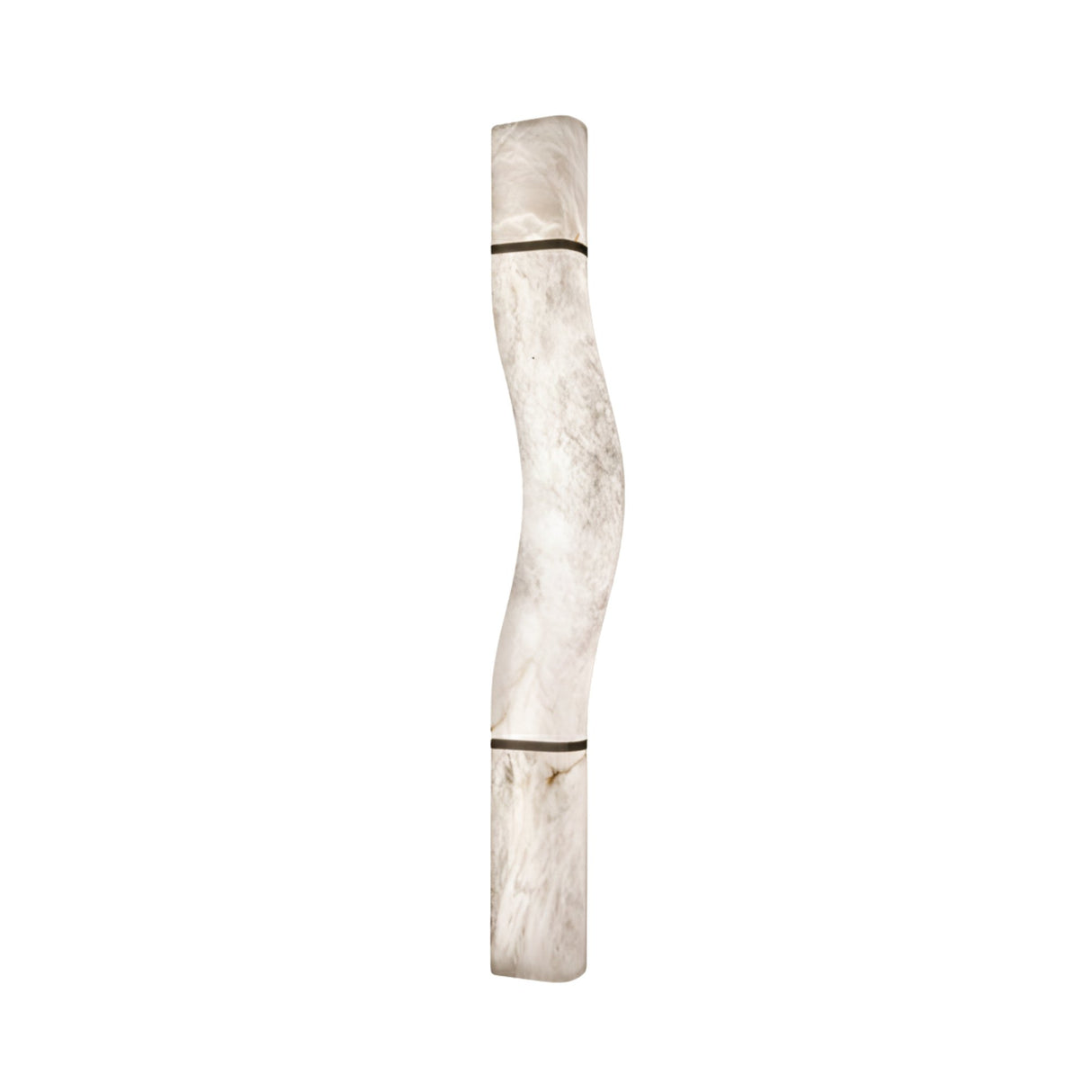 Caterris LED alabaster wall light from Niori with tall sculptural wavy profile, soft white stone panels and matt black banded detailing on a white background.