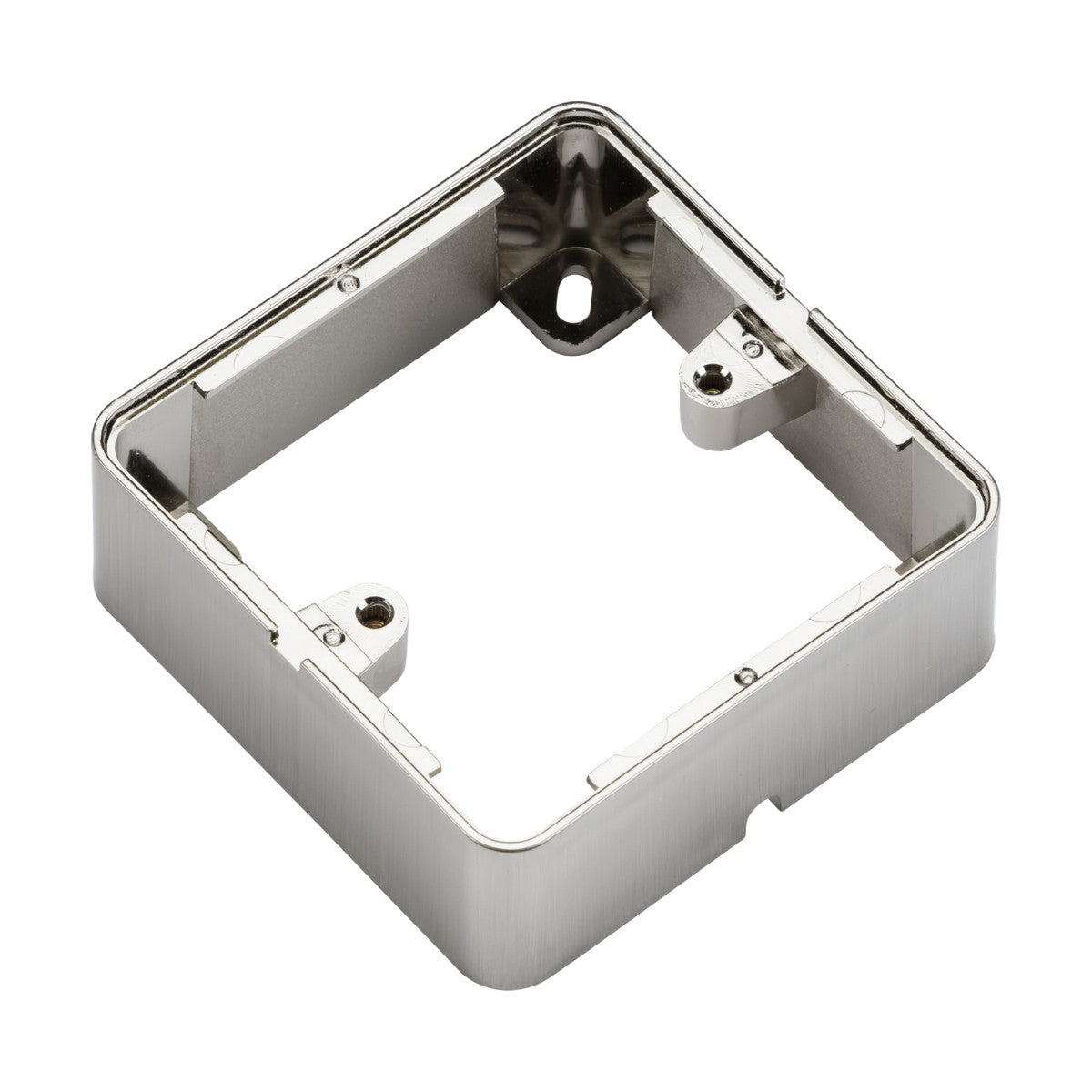This product is a 1 Gang Surface Box in brushed chrome, featuring a metallic square bracket complete with mounting holes. It showcases beveled edges and a central opening, embodying a minimalistic industrial design that evokes the style of the Knightsbridge Ranges.