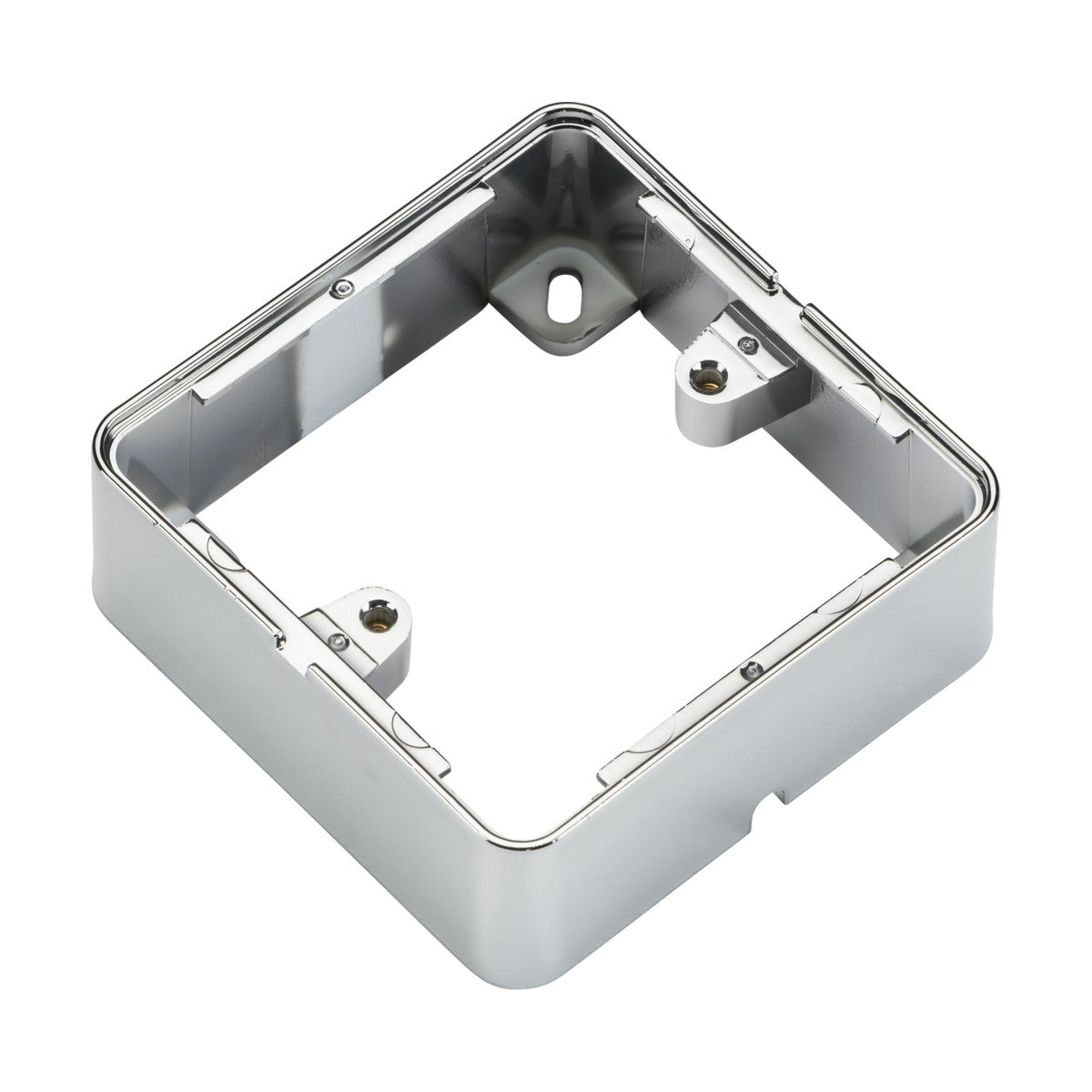 The 1 Gang Surface Box - Polished Chrome is a metallic, square electrical mounting box featuring two screw holes for secure installation and a central cutout for wiring access. Its polished chrome finish and minimalist design make it ideal for flat plate installations on walls.