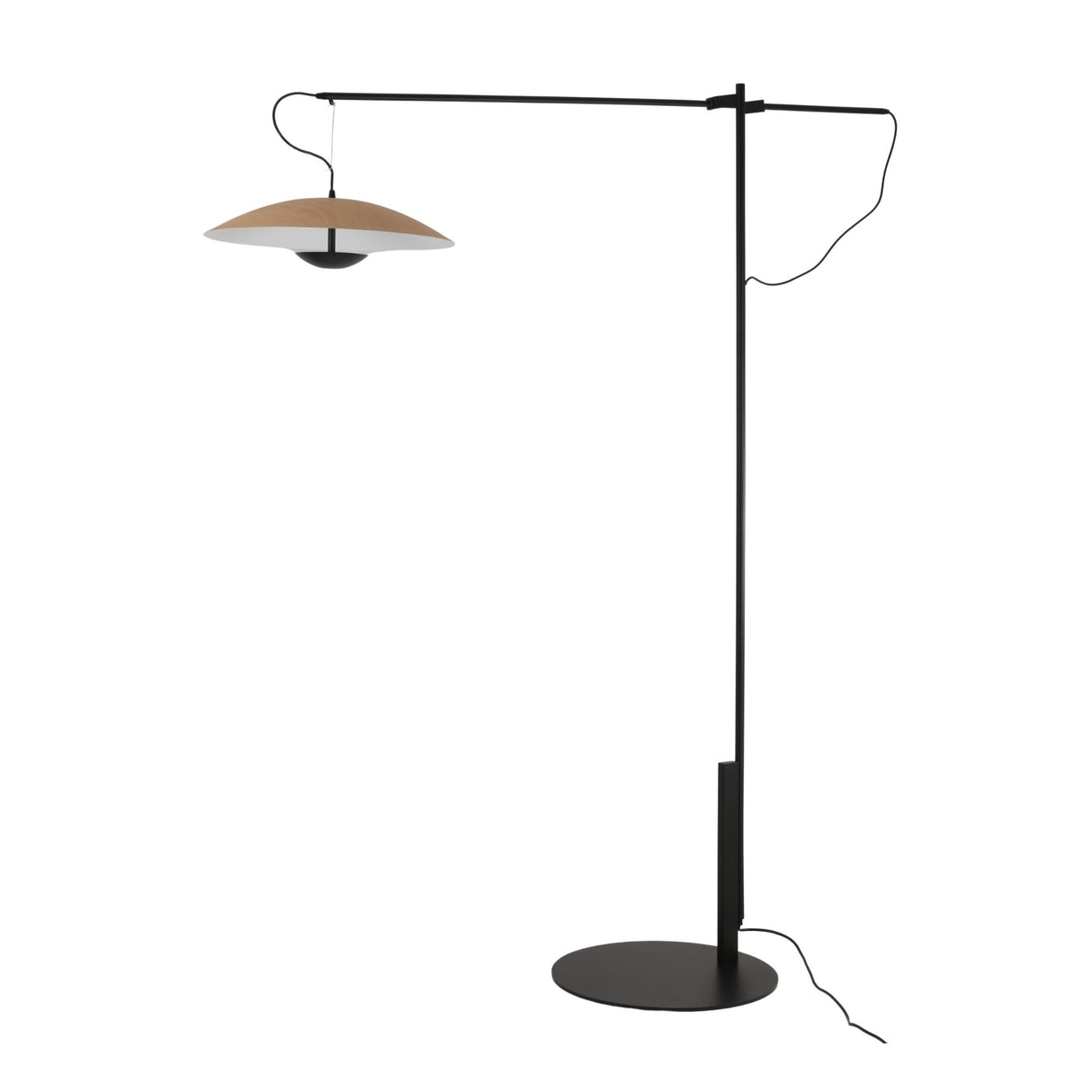 The Ginger LED Large Floor Lamp in black and brown features a minimalist design with a round base, vertical pole, horizontal arm, wide shallow beige shade, and a visible cable along its structure.