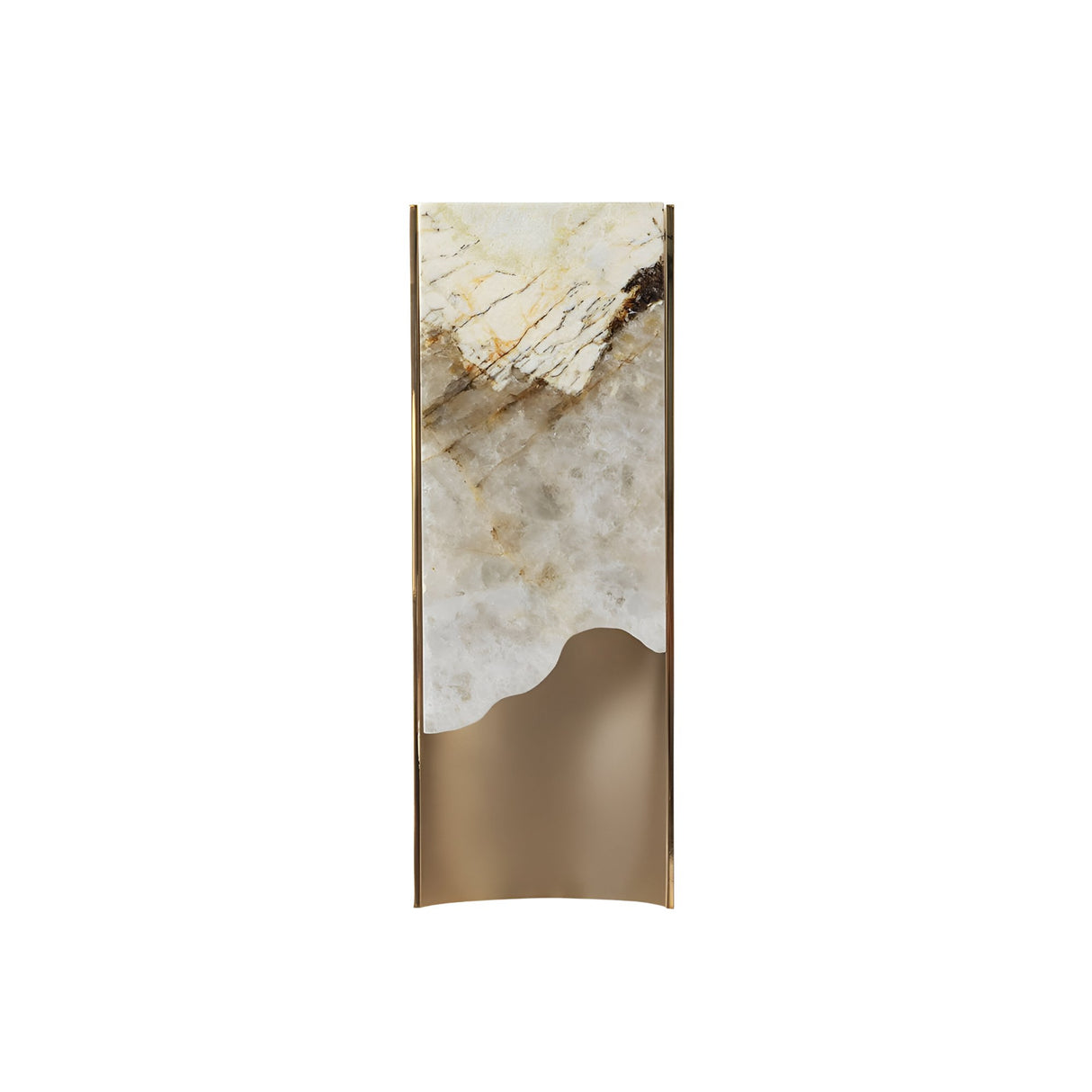 The Veloris LED Small Carved Alabaster Wall Light features a modern, compact design with a rectangular Spanish alabaster panel and a smooth brushed brass finish in soft white.