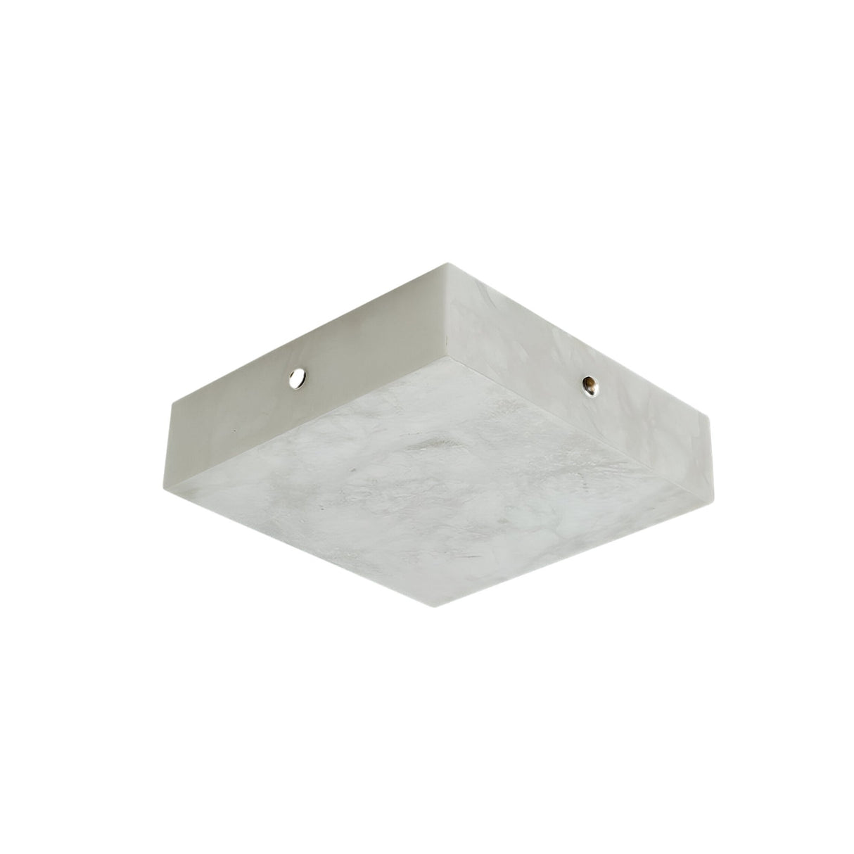 The Cadris LED Small Square Alabaster Flush Ceiling Light in soft white with brushed brass detail is shown from below, featuring two metal attachment holes on opposite sides against a white background.