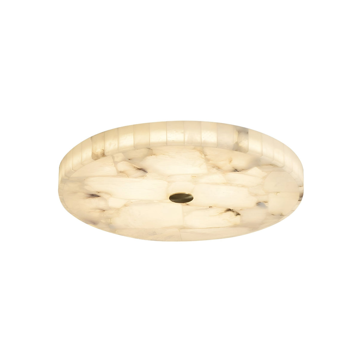 The Veltrix LED Small Round Alabaster Flush Ceiling Light in soft white and brushed brass features marble-like patterns and a central accent, providing a warm, diffused glow for any space.