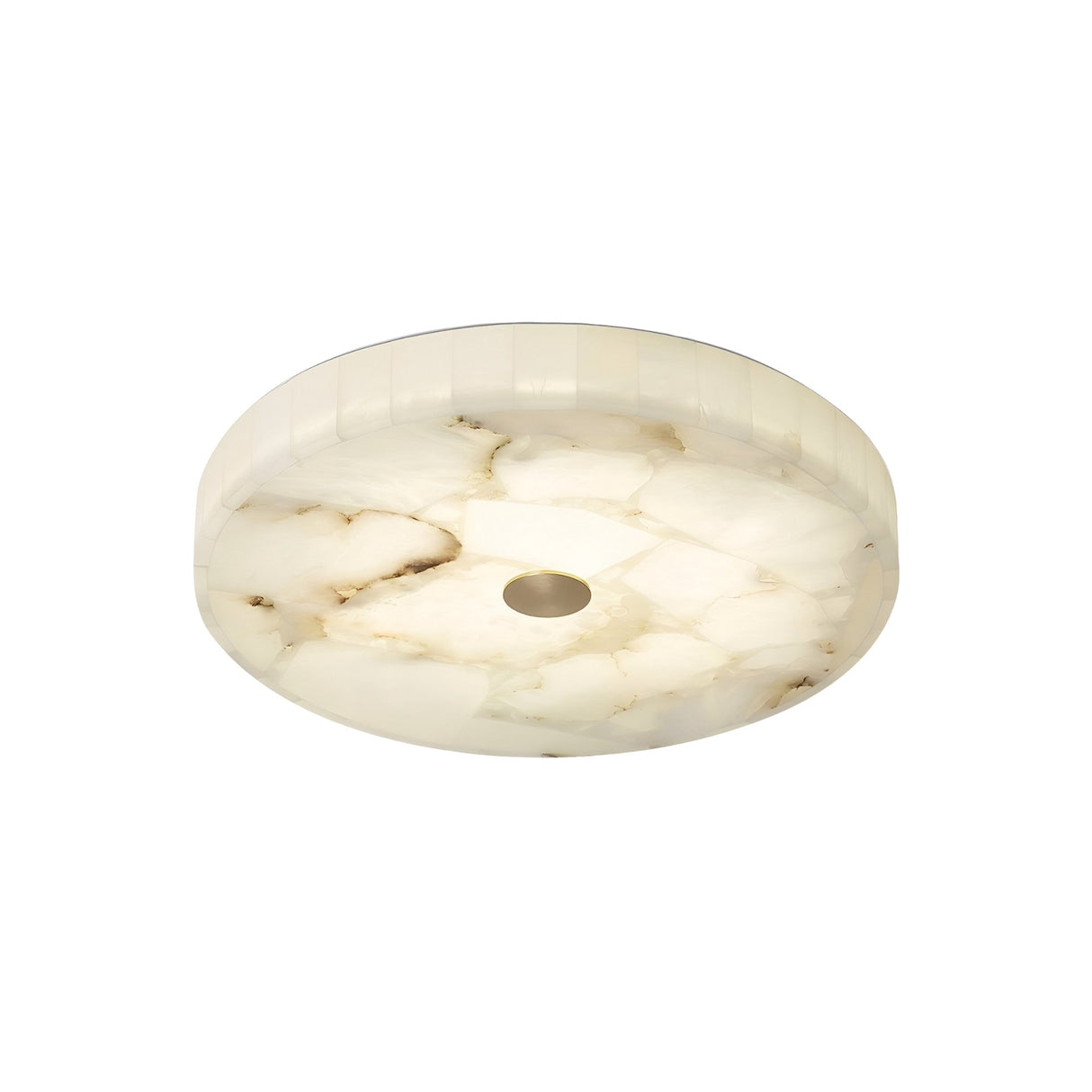 The Veltrix LED Small Round Alabaster Flush Ceiling Light features soft white illumination, a marble-like alabaster shade with beige veining, a polished finish, a modern minimalist design, and brushed brass accents with a small central hole.
