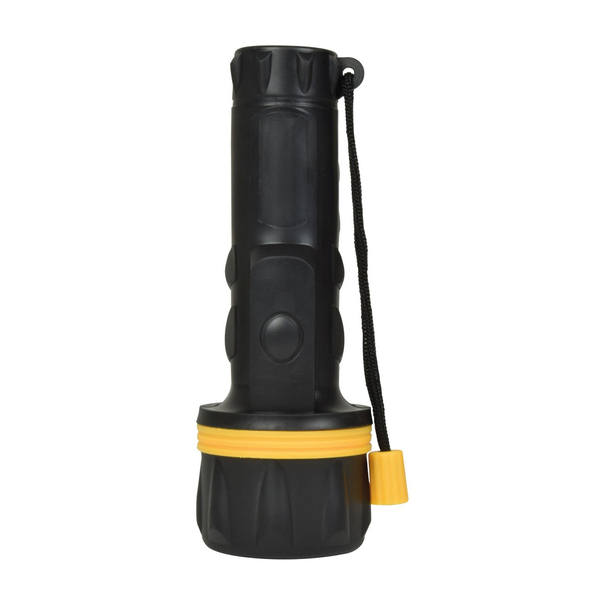 Mercury HDR02 heavy duty black rubber LED torch with yellow accent ring, side power button and wrist strap, shown on a plain white background.