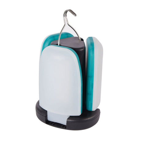 Introducing the LYYT LED Foldable Floor Lamp: a compact, rechargeable lamp featuring a convenient hanging hook. This portable light boasts translucent white panels with black accents, making it ideal for outdoor use.