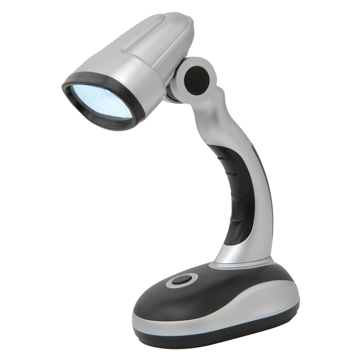 Introducing the LYYT LED USB Desk Lamp: a sleek silver and black lamp with an adjustable neck and a round base. The cylindrical head houses an LED bulb for bright illumination, while the on/off button is conveniently positioned on the base.