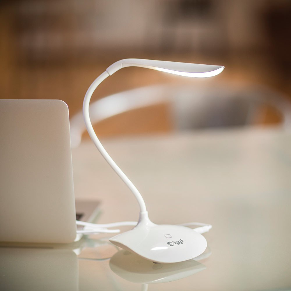 LYYT white LED touch sensor USB desk lamp with flexible gooseneck stem, illuminated head and nightlight base, shown on a desk beside a laptop.