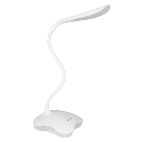 The LYYT LED Touch Sensor USB Desk Lamp With Nightlight is a sleek, modern white LED lamp featuring a flexible gooseneck and an oval-shaped head. It sits on a smooth, slightly curved base equipped with a dimmable touch sensor for effortless brightness control.
