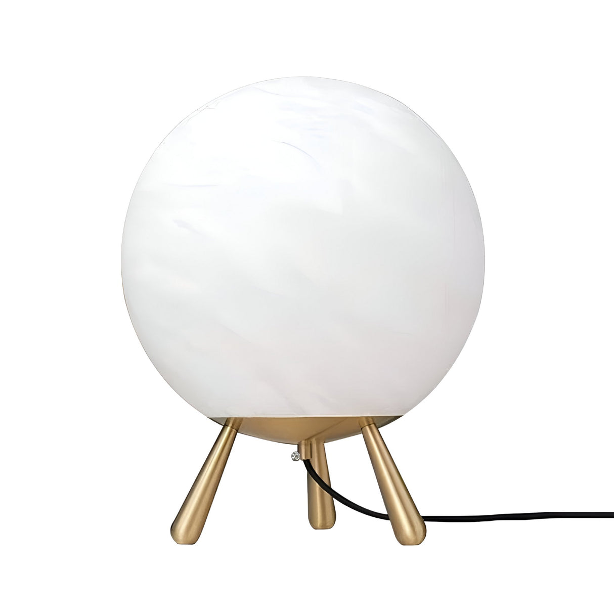 The Orlena Large Globe Alabaster Table Lamp in brass and soft white features a round frosted shade and three angled gold legs, complemented by a black cord extending from the base.