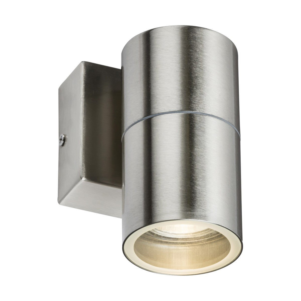 Introducing the Outdoor Single Wall Light - Brushed Chrome, a contemporary lighting solution designed with a cylindrical shape. Ideal for outdoor use, this wall-mounted fixture directs light downward from a square base and boasts a sleek metal finish that enhances its modern appeal.