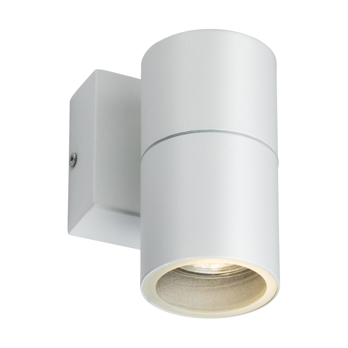 This sleek, cylindrical wall light fixture features a minimalist design mounted on a square base. The white IP54-rated fixture is perfect for outdoor use and is compatible with a GU10 lamp.