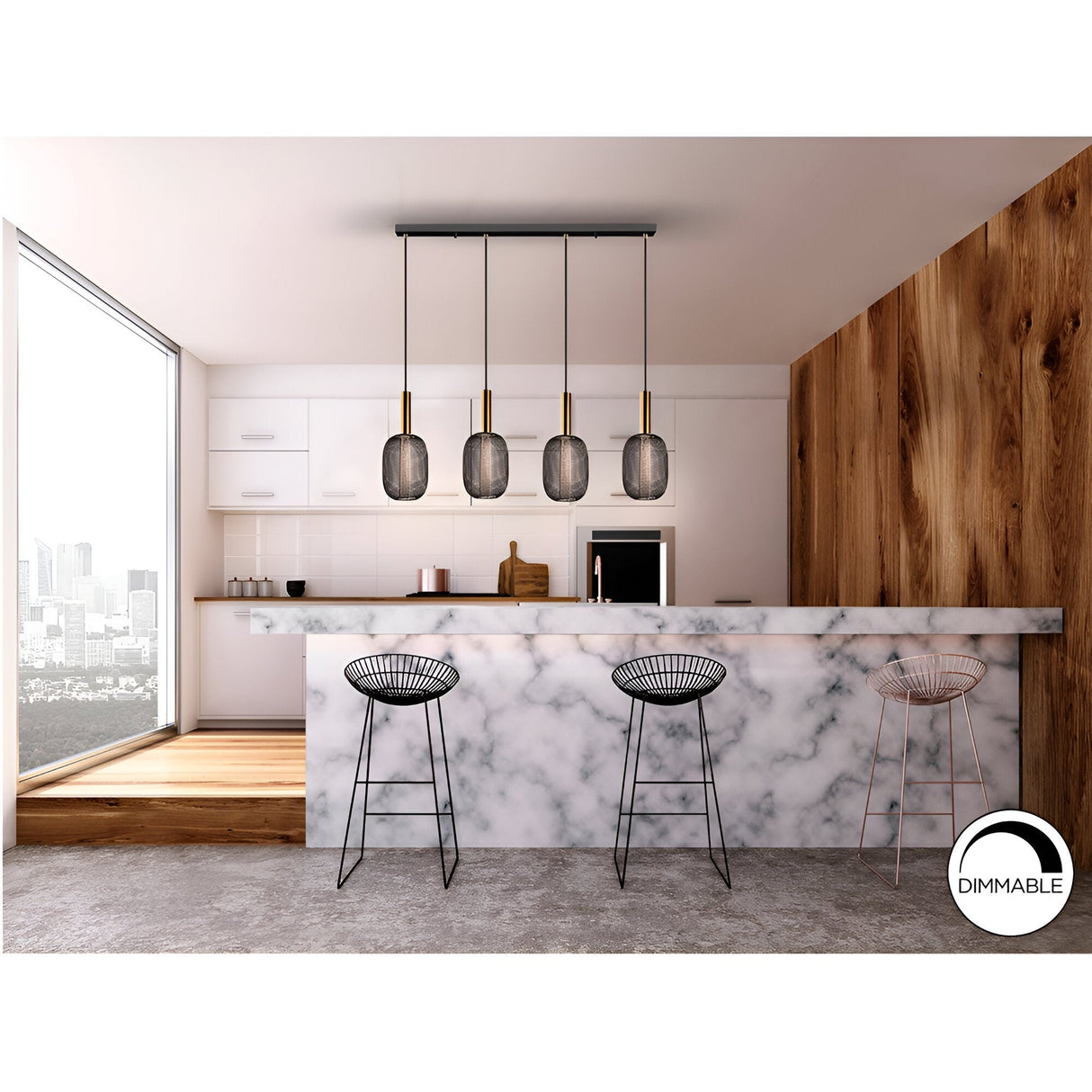 Micron 4 Light Dimmable LED Metal Mesh Bar Pendant 20W 3000K - Gold/Black