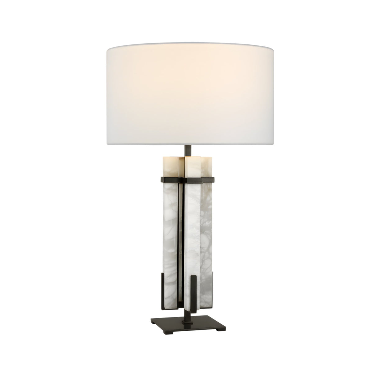 The Pilaster 1 Light Column Alabaster Table Lamp features a matte black and soft white finish, a cylindrical shade, and a rectangular base with vertical marble-like alabaster panels and sleek black metal accents for a modern look.