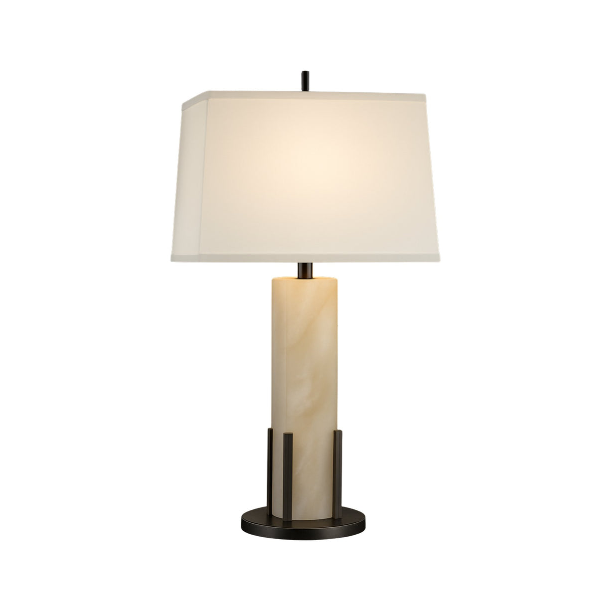 The Strataform 1 Light Framed Alabaster Table Lamp in Matte Black & Soft White features a cylindrical alabaster base, matte black accents, and a rectangular white shade. When lit, it casts a warm, inviting glow.