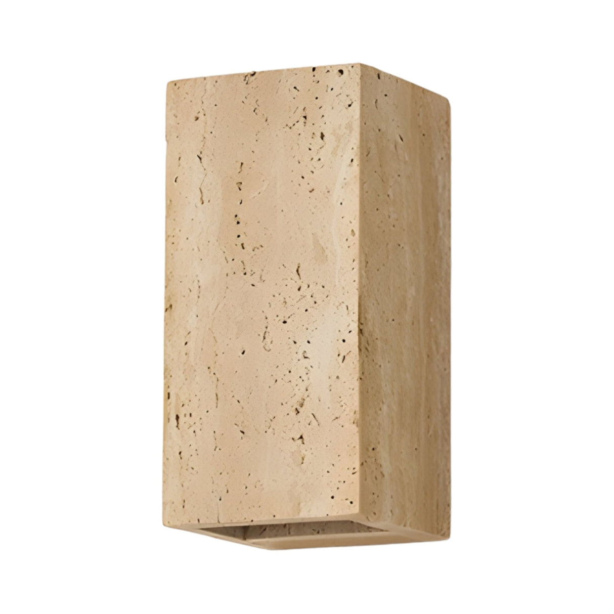 The Cavaro LED Rectangular Travertine Wall Light in light beige showcases a minimalist design with natural textured patterns and subtle holes on a smooth surface, creating a unique contemporary accent for your wall.