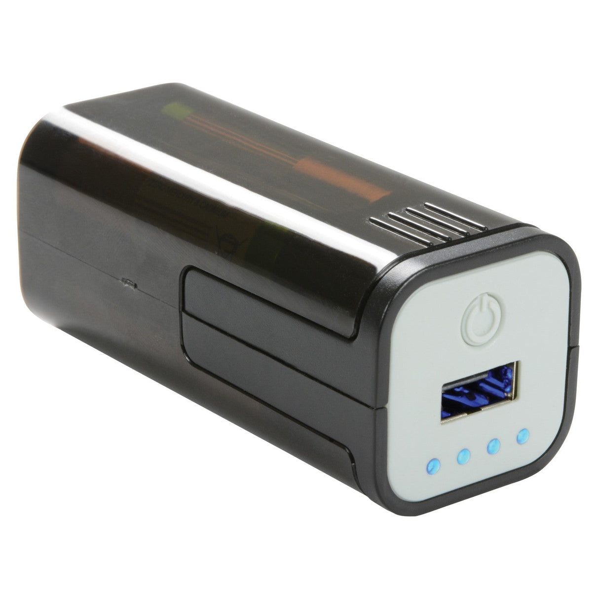 The Mercury Emergency USB Power Bank is a black, rectangular device with a white front panel, featuring a USB port, a power button symbol, and four small LED battery level indicators.