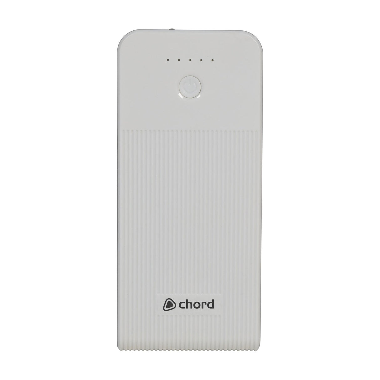 Chord PB-959 10,000mAh pedal power bank in white with textured ribbed casing, single power button, and five LED charge indicators.