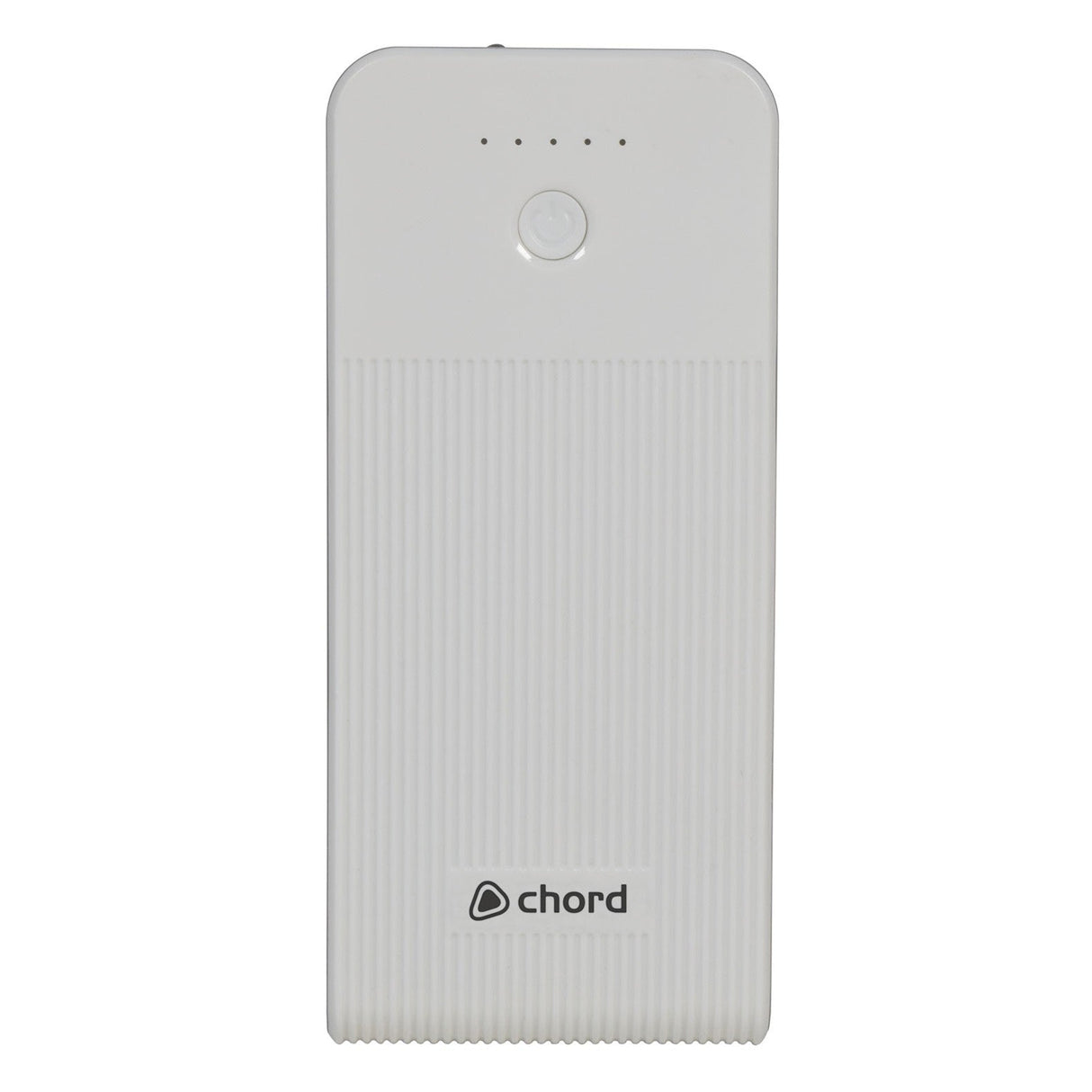 This white, rectangular Portable Effect Pedal Power Bank features a ribbed texture with four small LED indicators on top, a circular button in the center, and a logo at the bottom. It's an ideal portable music accessory for your gear.