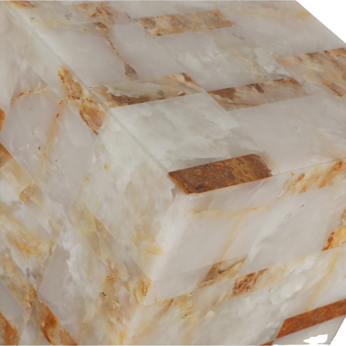 Close-up of the Stratare 2 Light Large Stratified Alabaster Floor Lamp – Soft White, featuring a modern geometric block with translucent white and amber alabaster tiles in a checkered pattern, showcasing natural textures and mineral veins.