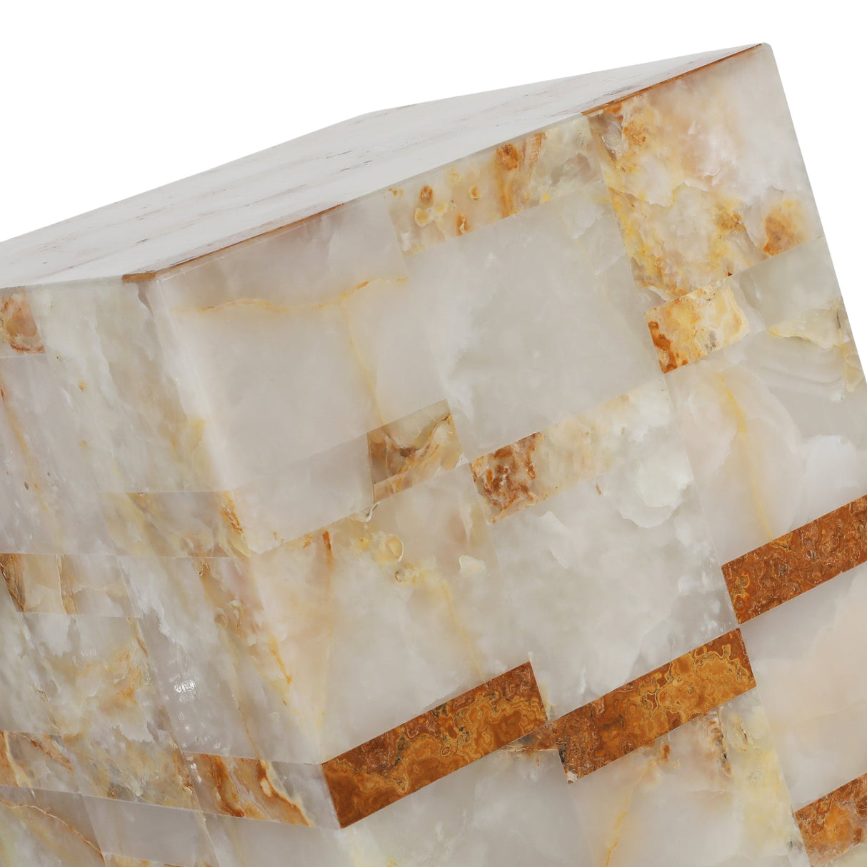 Close-up of the Stratare 2 Light Large Stratified Alabaster Floor Lamp in soft white, featuring translucent alabaster blocks with a checkerboard pattern and natural marbling, evoking refined modern elegance.